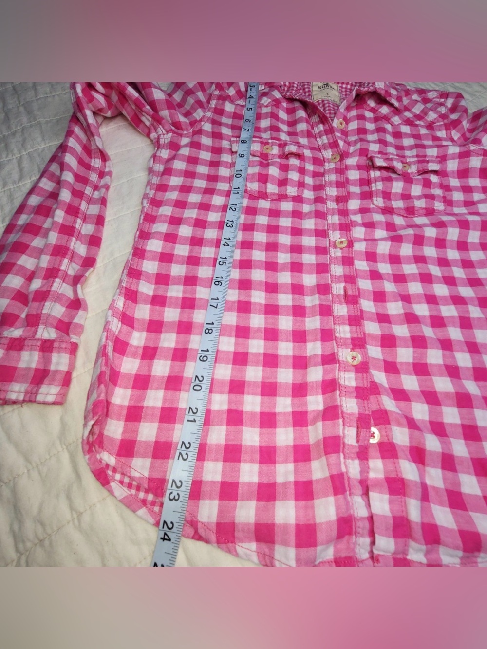 Hollister Pink Checkered Long Sleeve Button Up Shirt Small - Picture 6 of 7